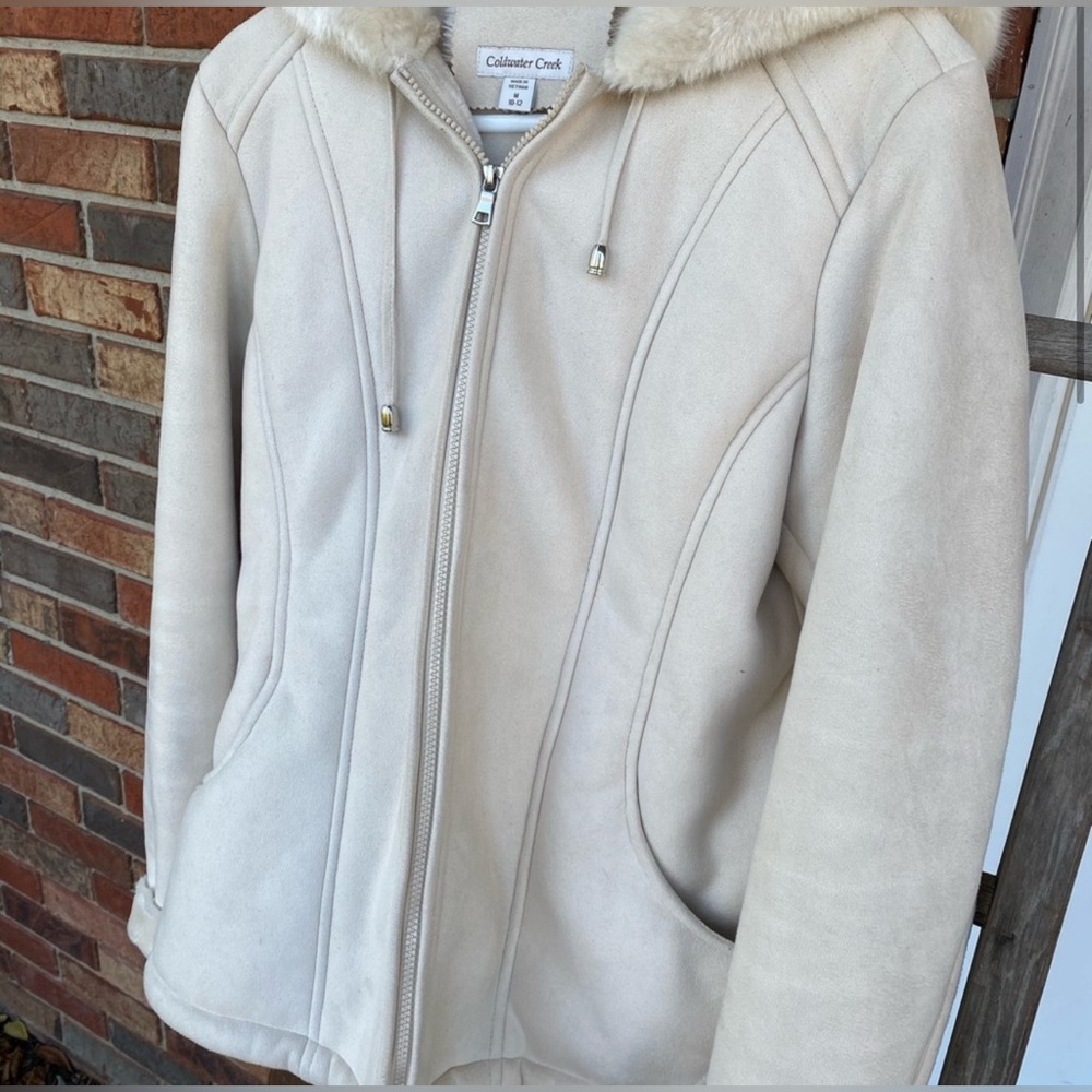 Cold water creek faux shearling fur lined hooded coat medium